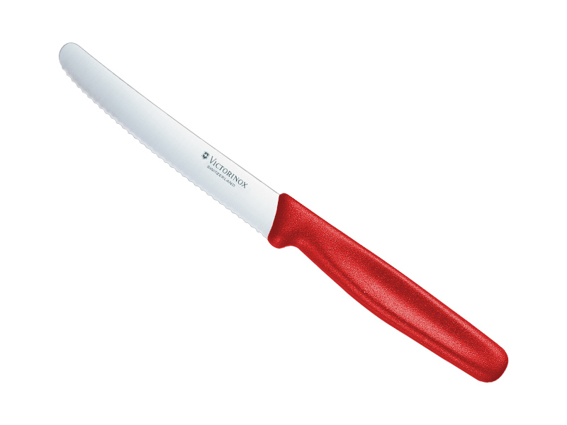 Couteau de table/tomates Victorinox, lame crantée 11 cm inox bout rond, manche polypropylène rouge
