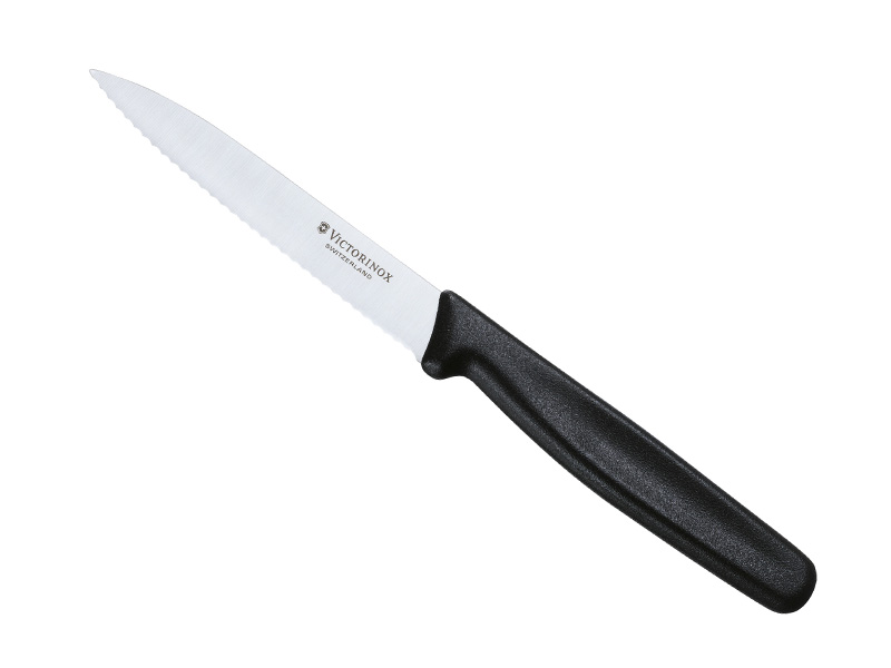 Couteau office Victorinox, lame crantée 10 cm inox pointe milieu - manche noir