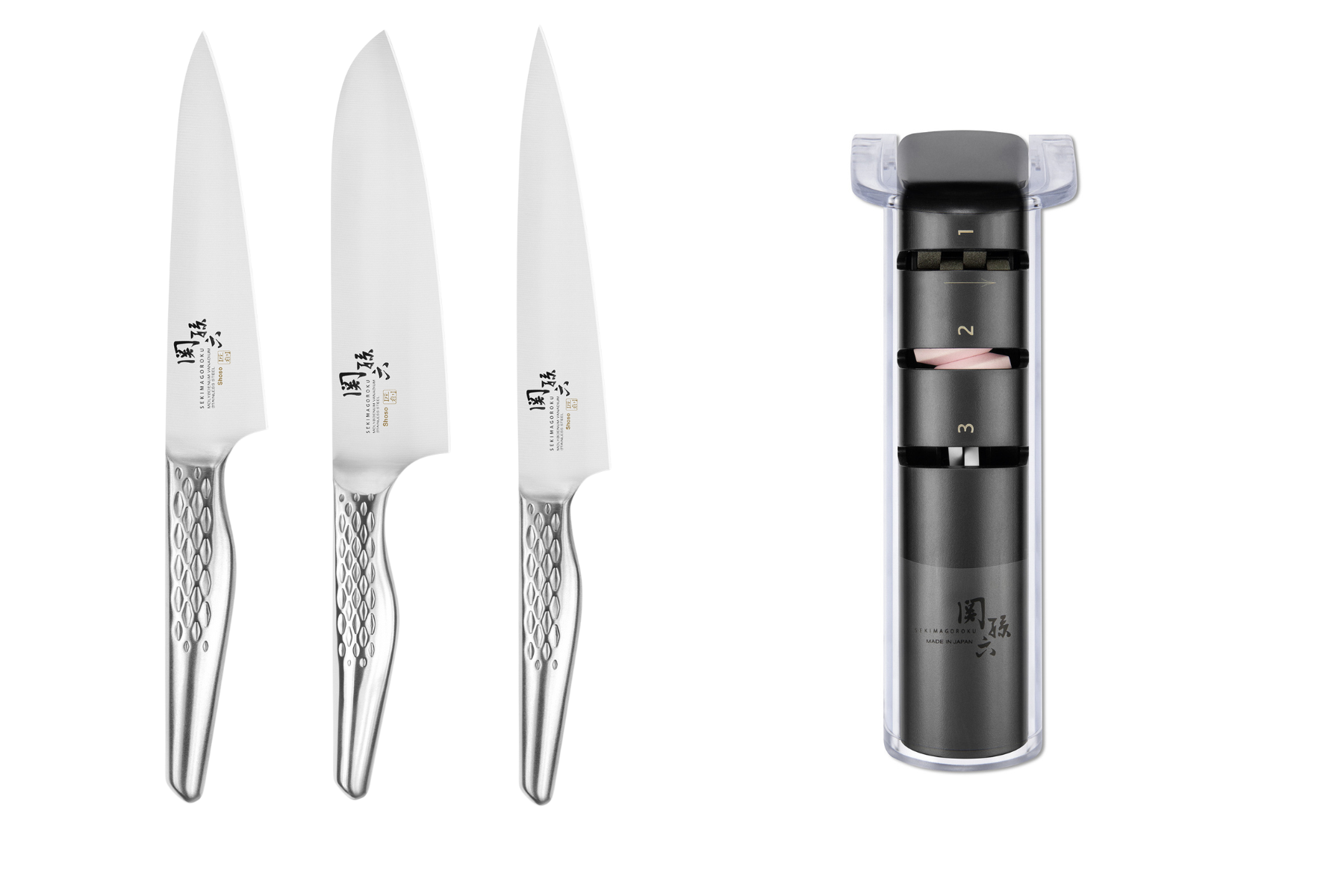 Set de 3 couteaux japonais Kai Seki Magoroku Shoso - Forme japonaise + affûteur manuel Kai