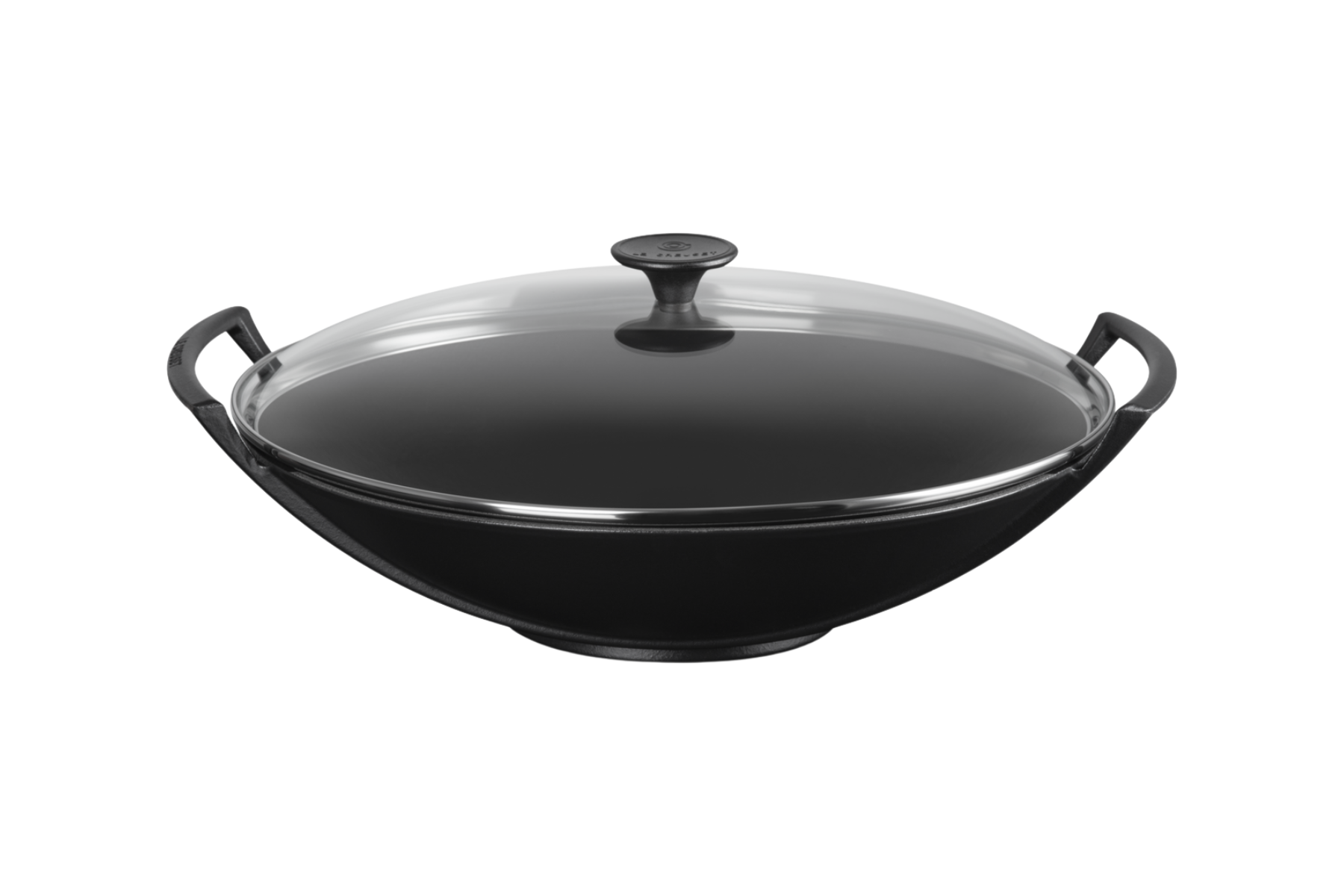 Wok en fonte émaillée noir le creuset 36 cm avec couvercle en verre