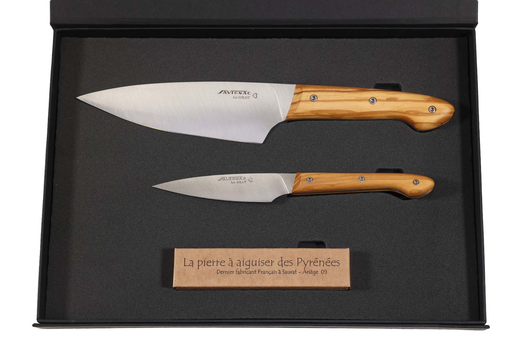 Coffret Savignac couteau d'office et de chef Le Grat en olivier