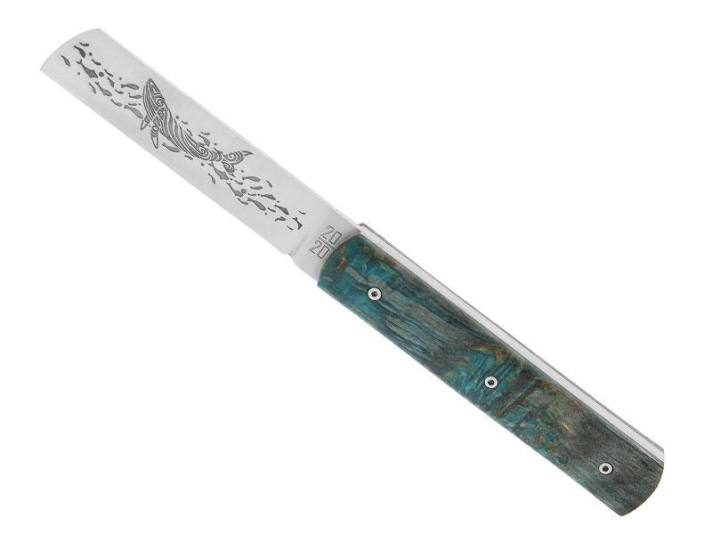 Couteau Le Fidèle 20/20 - manche 11 cm bouleau bleu décor baleine