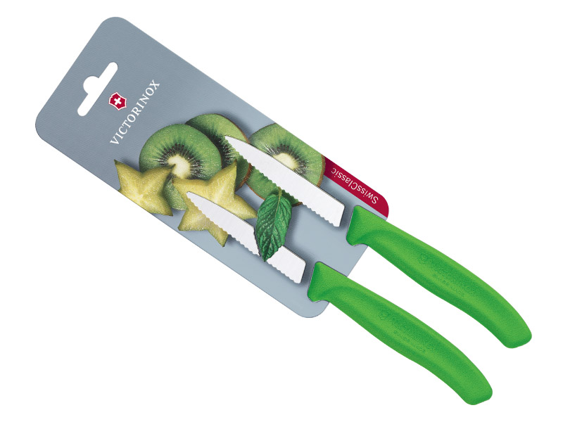 Carte de 2 couteaux office Victorinox Swiss Classic vert, lame crantée 8 cm inox