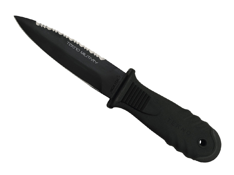 Poignard de botte/plongée Fox Tekno Military, lame noire 11 cm - manche noir