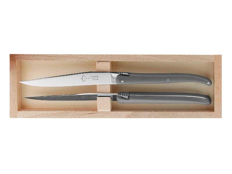 Coffret 2 couteaux table Laguiole G.David 23 cm - plein manche POM gris