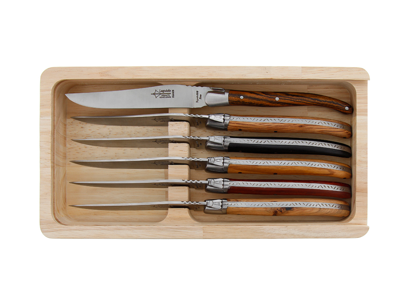 Coffret 6 Laguioles table G. David  23 cm - manches bois assortis