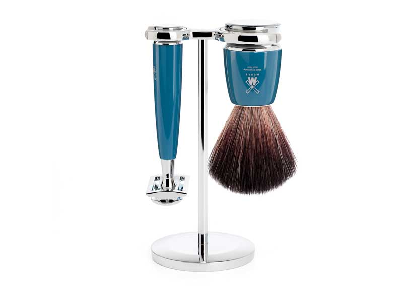 Set 3 pièces Mühle Rythmo bleu pétrole - rasoir sécurité + blaireau synthétique noir