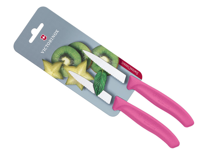 Carte de 2 couteaux office Victorinox Swiss Classic rose, lame crantée 8 cm inox