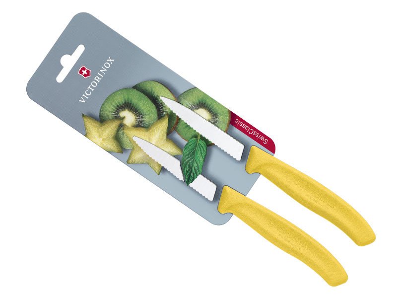 Carte de 2 couteaux office Victorinox Swiss Classic jaune lame crantée 8 cm inox