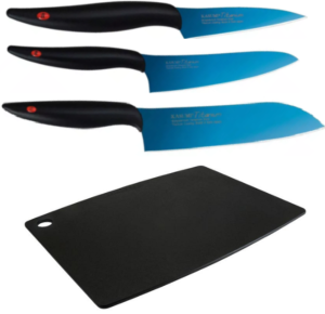 SET 3 COUTEAUX JAPONAIS KASUMI TITANIUM BLEU "FORME JAPONAISE" PLANCHE