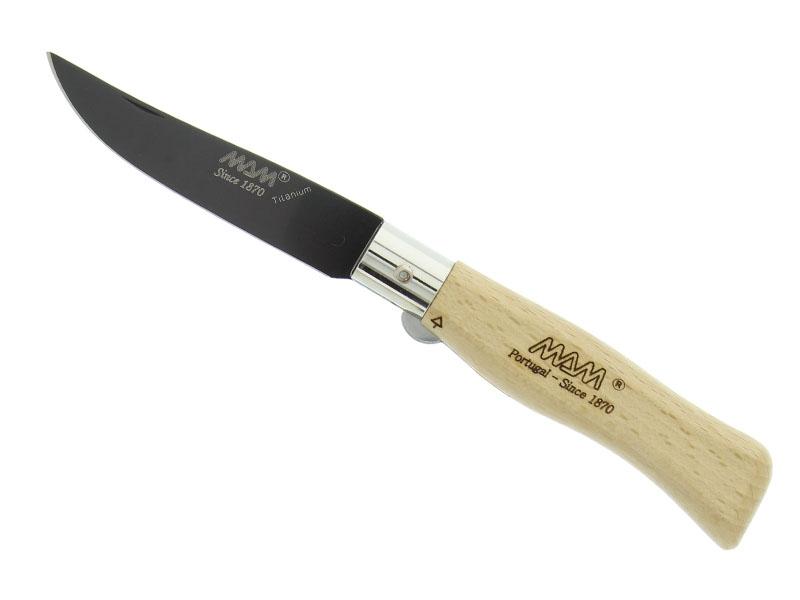 Couteau M.A.M lame noire pointue inox  - manche 11 cm hêtre