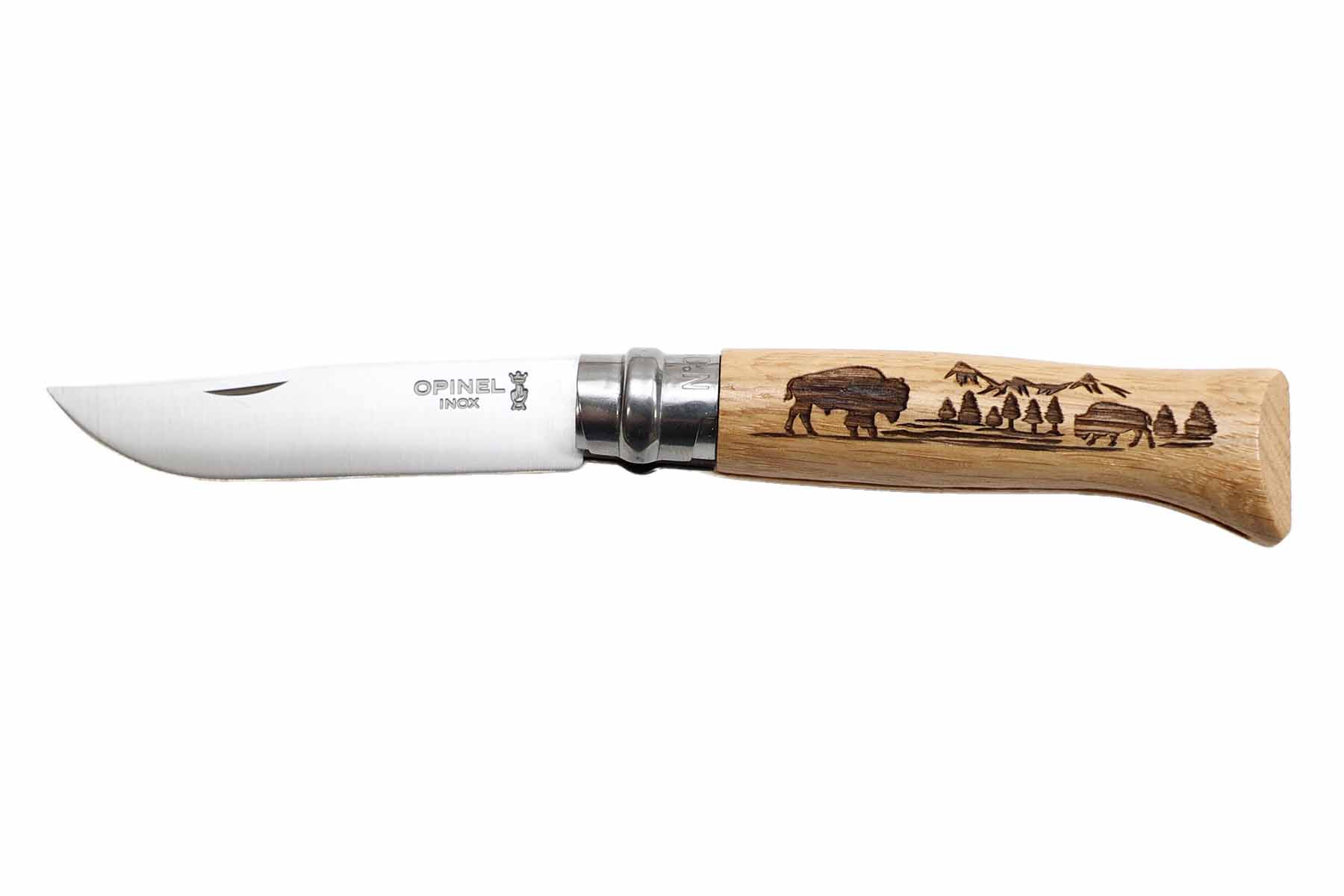 Couteau pliant Opinel n°8 animalia manche en chêne america motif Bison