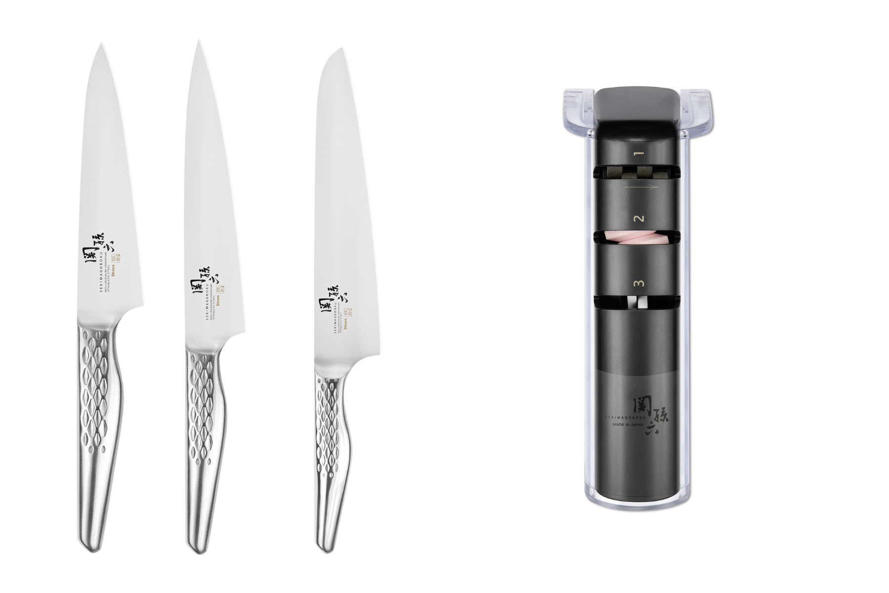 Set de 3 couteaux japonais Kai Seki Magoroku Shoso - Forme européenne + affûteur manuel Kai