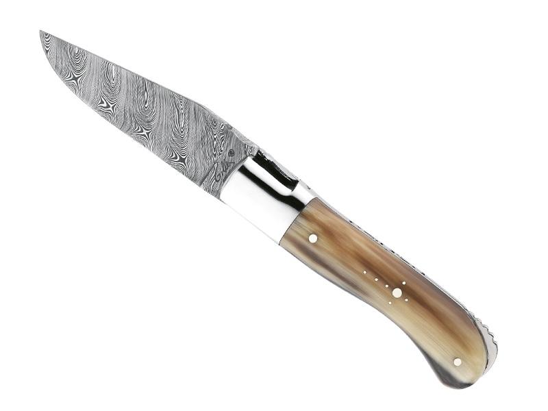 Couteau Laguiole Gilles Fontenille Pataud Gentleman Damas - manche 10,5 cm pointe de corne blonde